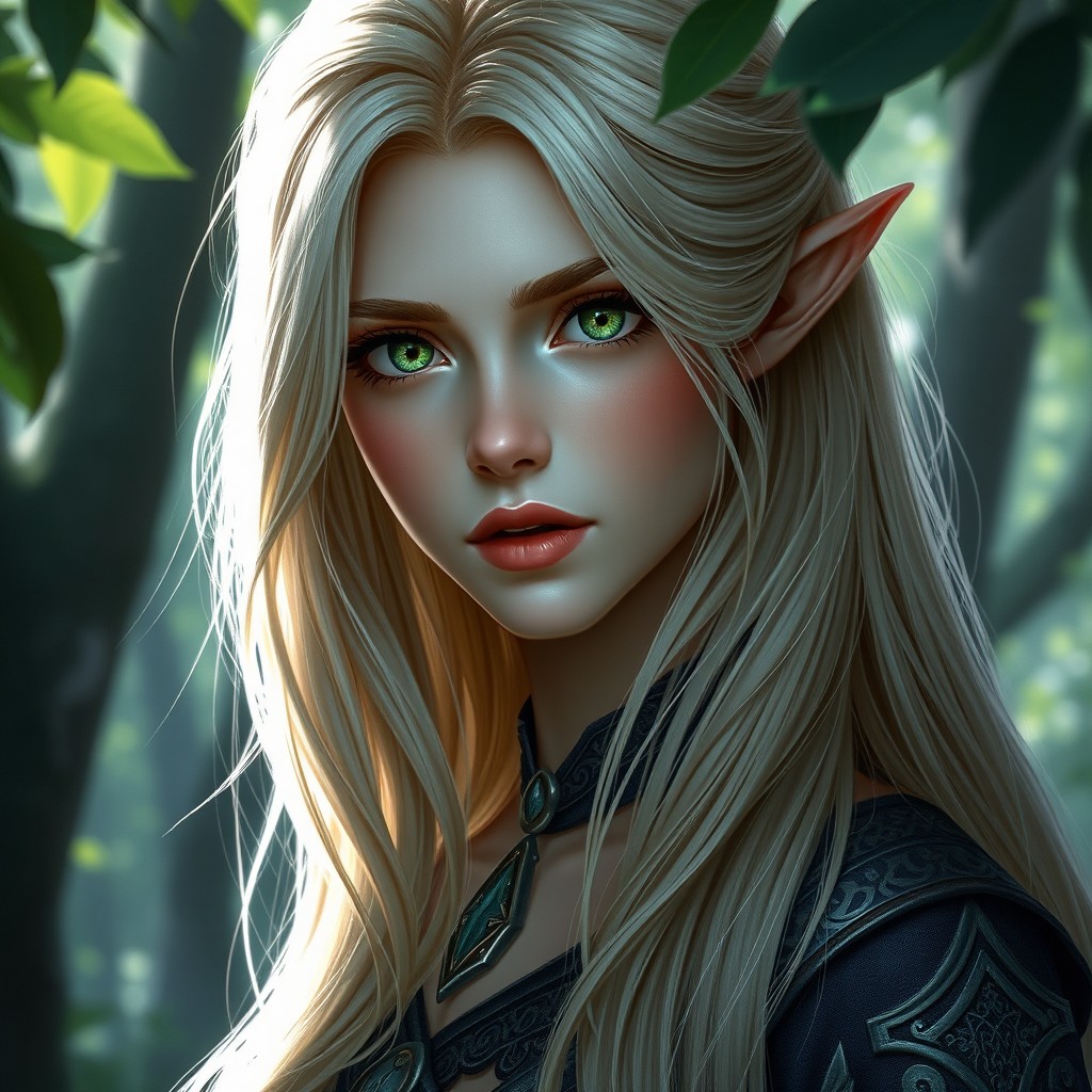 A stunning half-drow female teenager with striking blonde hair cascading down her shoulders