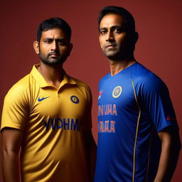 A man wearing a number 7 Indian cricket jersey standing next to Indian cricketer MS Dhoni