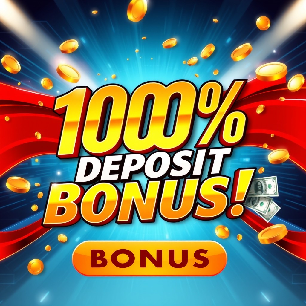A visually striking promotional banner for a 100% deposit bonus