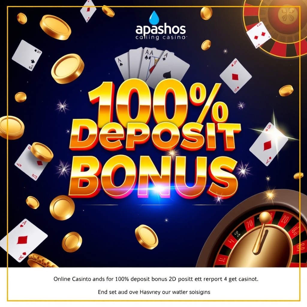 A highly engaging and visually appealing graphic promoting a 100% Deposit Bonus for an online casino