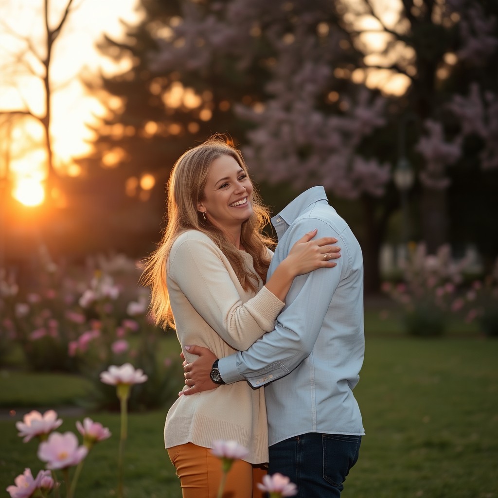 A romantic scene featuring a loving couple embraced in a park during sunset, surrounded by blooming flowers and tall trees, their expressions warm and joyful as they share a tender moment, the sky painted with soft hues of orange and pink, capturing the beauty of their connection and intimacy