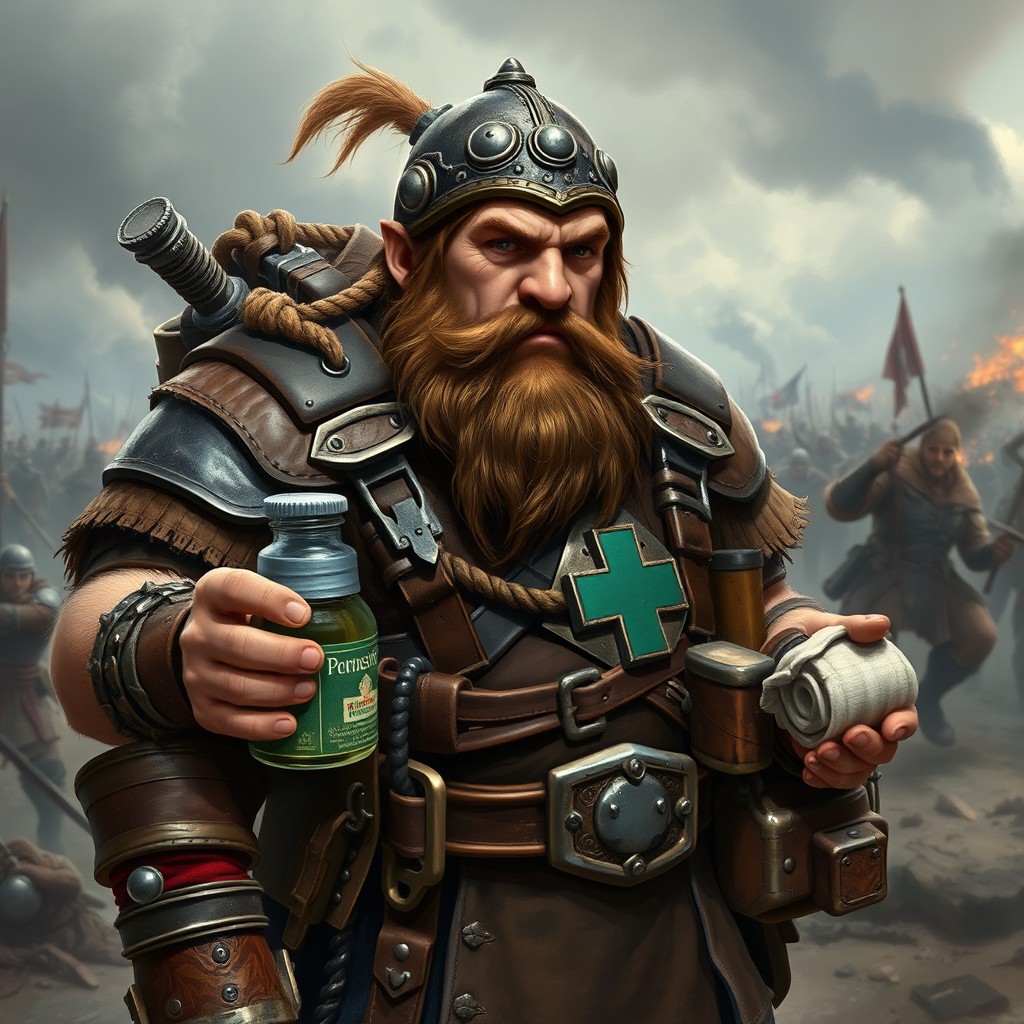 A stout dwarf battle medic clad in rugged leather armor, equipped with various medical supplies and tools, standing resolutely on a battlefield
