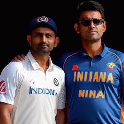 A man wearing a number 7 Indian cricket jersey standing next to Indian cricketer MS Dhoni