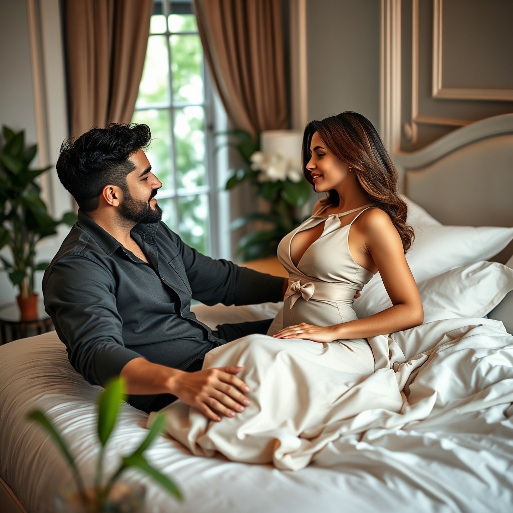 An intimate scene showcasing a couple in a beautiful bedroom setting, with elegant decor and soft lighting