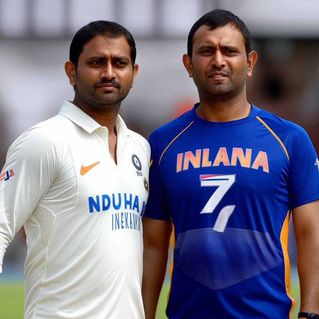 A man wearing a number 7 Indian cricket jersey standing next to Indian cricketer MS Dhoni