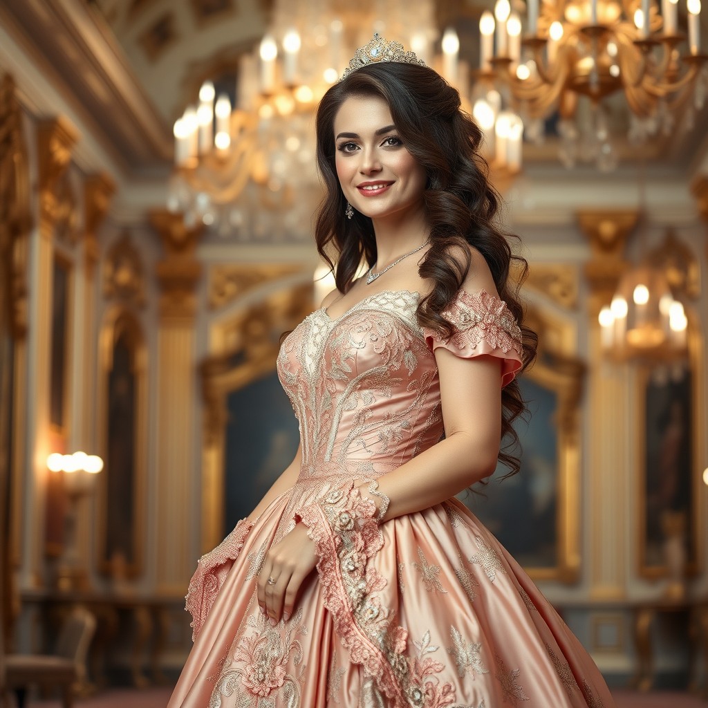 An exquisite and elegant noblewoman, dressed in an opulent, flowing gown made of rich fabrics adorned with lace and intricate embroidery