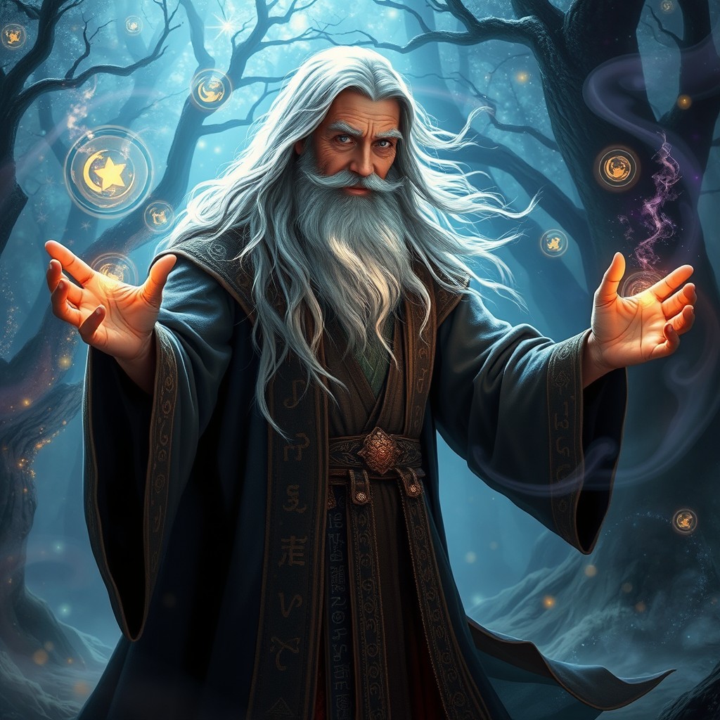 A powerful wizard casting a spell in a mystical setting, with swirling magical energies around him
