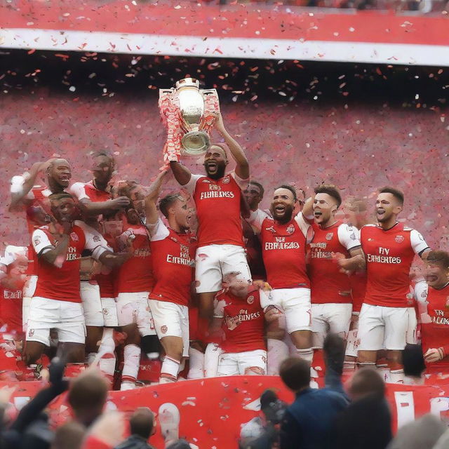 Arsenal football team celebrating with the Premier League trophy amidst an ecstatic crowd, confetti flying all around, and a clear sky above.