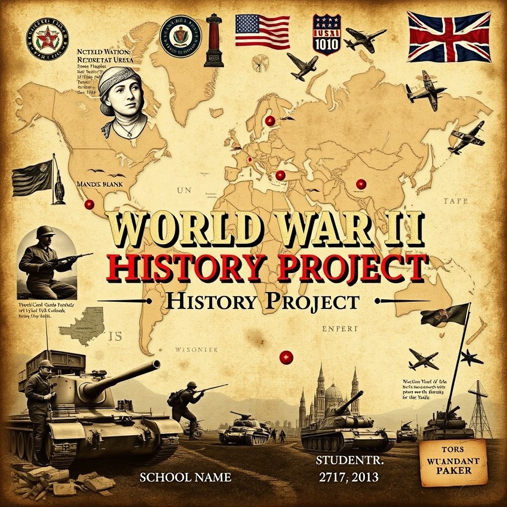 A visually engaging cover page for a History Project on World War II, featuring iconic imagery such as a world map with highlighted battle locations, vintage photographs of soldiers and significant events, and elements like military insignias, planes, tanks, and flags