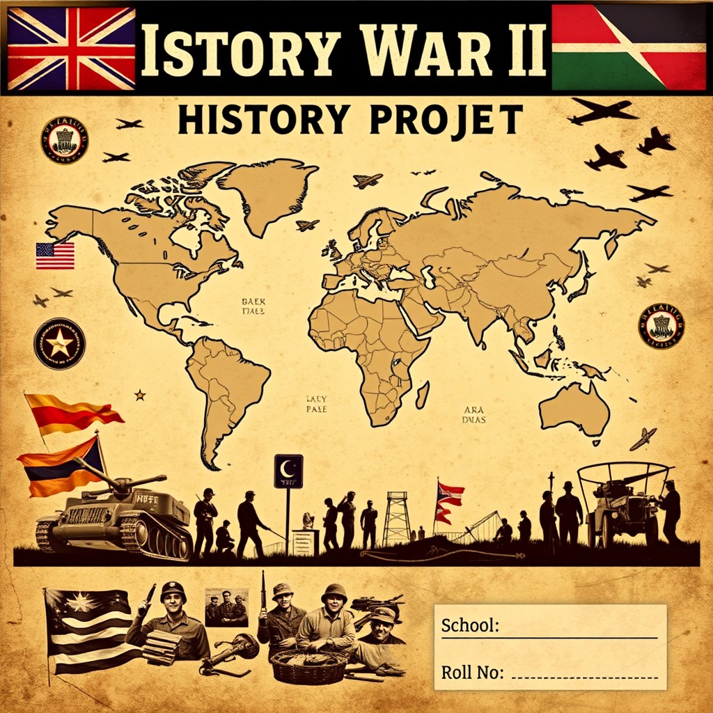A visually engaging cover page for a History Project on World War II, featuring iconic imagery such as a world map highlighting major battles, vintage photographs of key events and soldiers, and elements like military insignias, planes, and flags