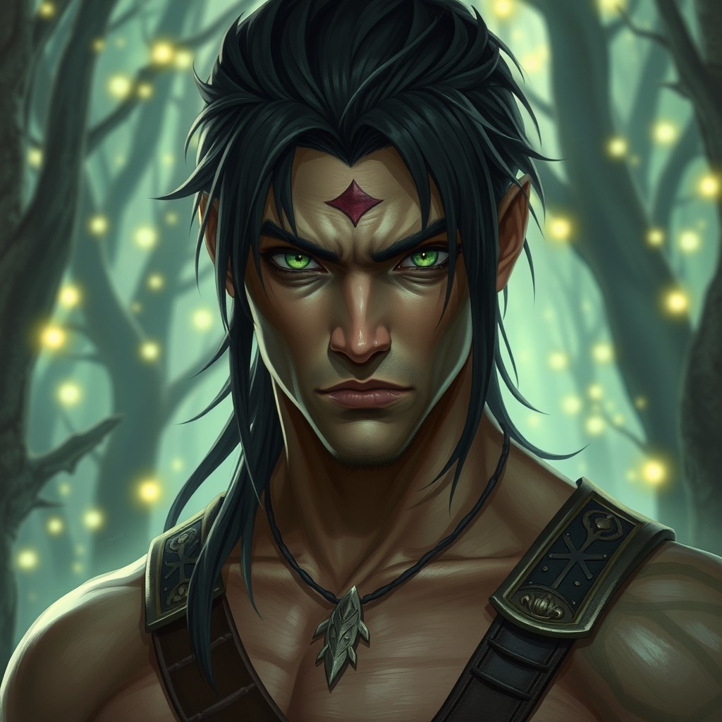 A male half-orc with striking green eyes and sleek black hair, showcasing his fit and thin physique
