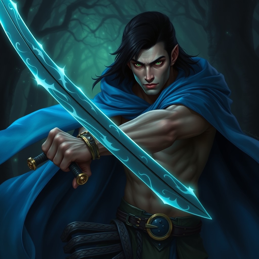 A male half-orc Hoise Tharashk bladesinger with captivating green eyes and sleek black hair