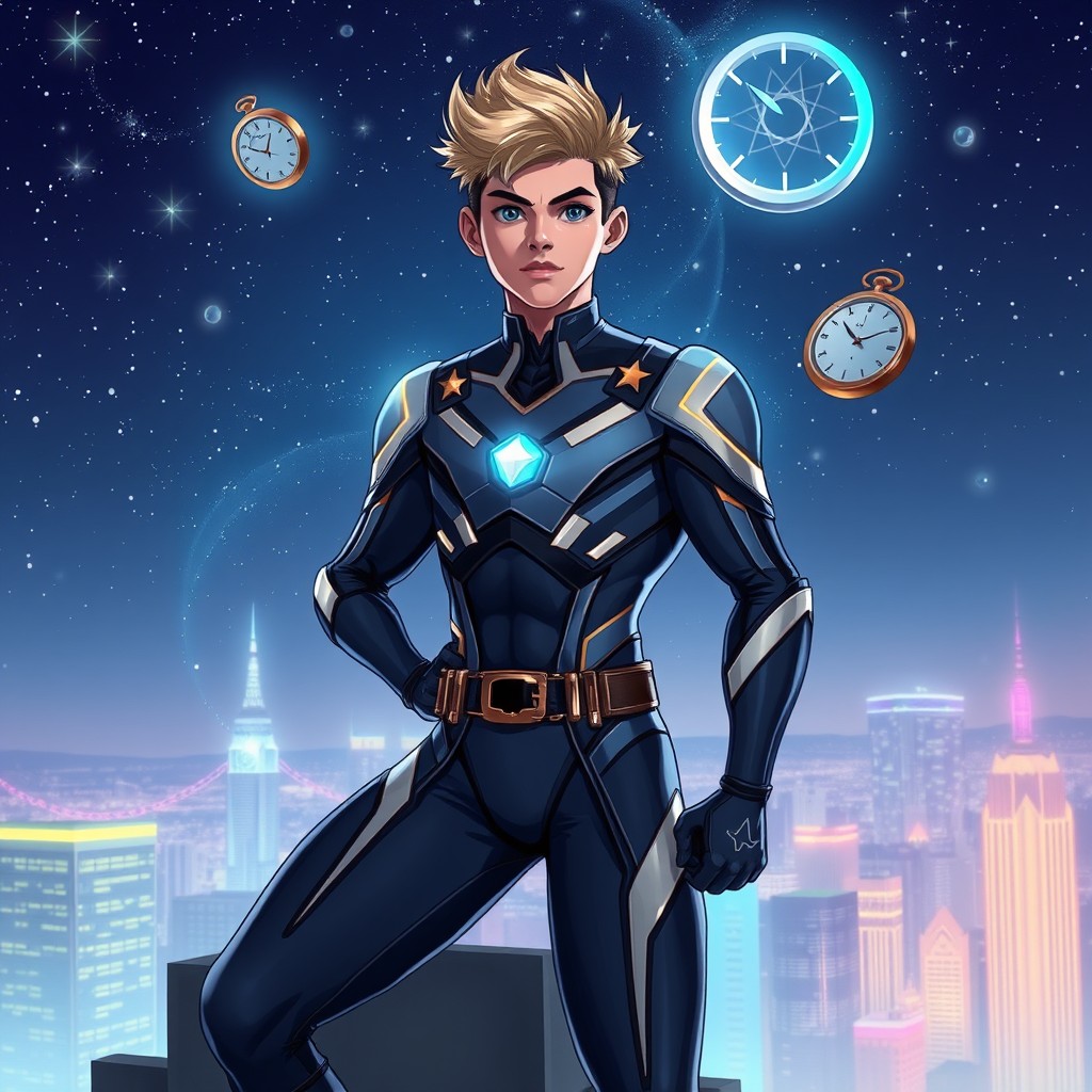A 16-year-old superhero known as 'The First Star of Time', dressed in a sleek, futuristic costume with cosmic patterns and glowing accents, standing confidently atop a building under a night sky filled with stars