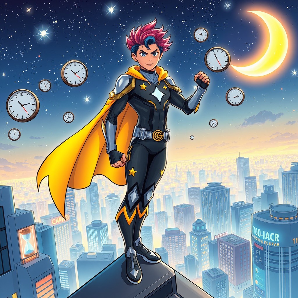 A 16-year-old superhero known as 'The First Star of Time', wearing a modern and stylish costume with cosmic elements such as stars and spirals, standing heroically on the edge of a futuristic rooftop