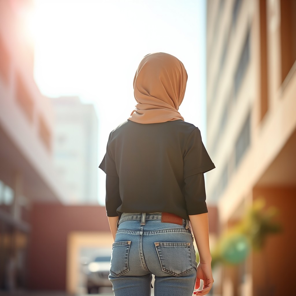 A back view of a young Muslim girl wearing a hijab, dressed in stylish jeans and a short t-shirt