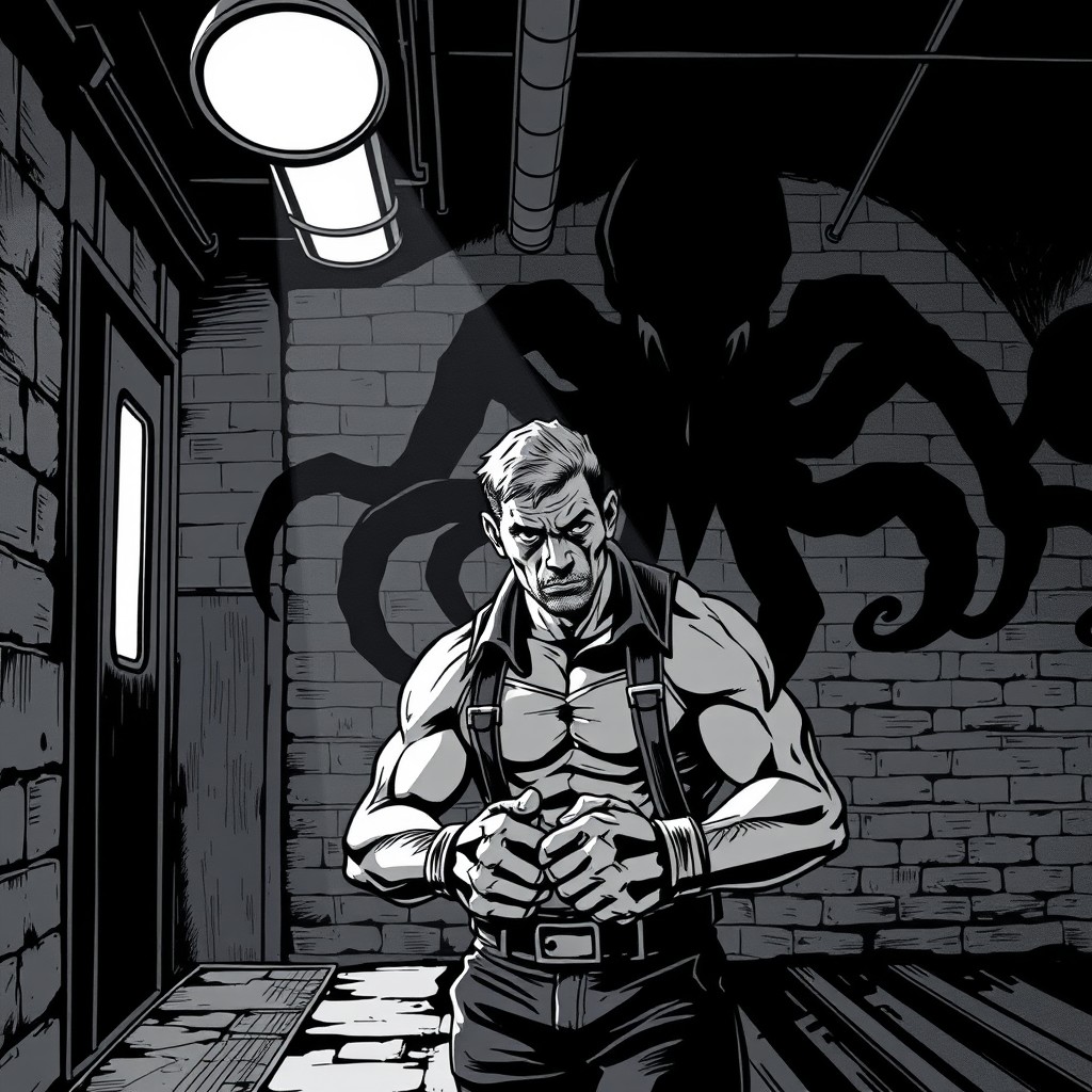 A black and white comic book style noir illustration set in the 1900s, capturing an underground metro station ambiance