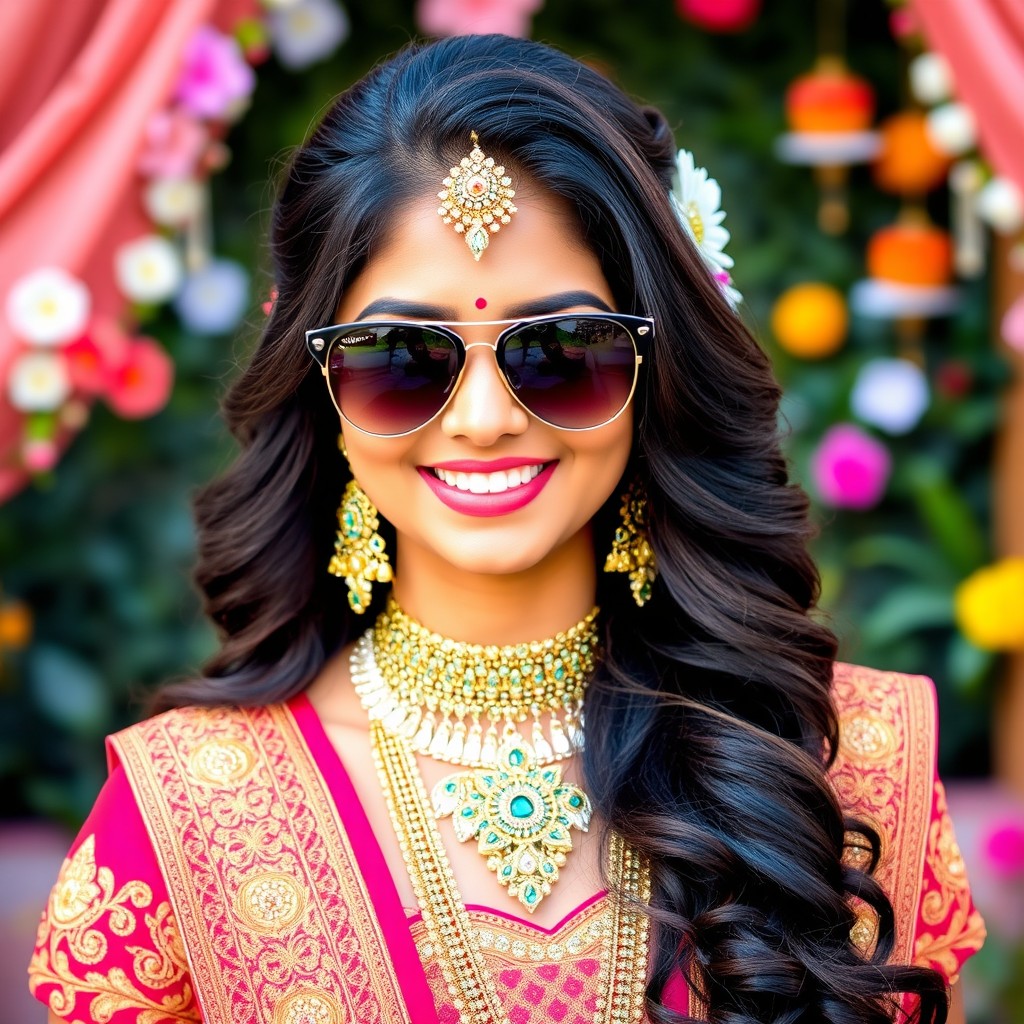 A beautiful Indian bride wearing stylish sunglasses, showcasing her vibrant wedding attire with intricate designs and colorful patterns