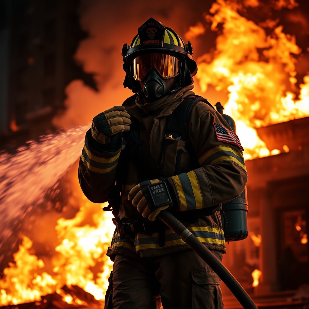 A brave firefighter in full gear, standing heroically in front of a blazing fire, with flames and smoke swirling around