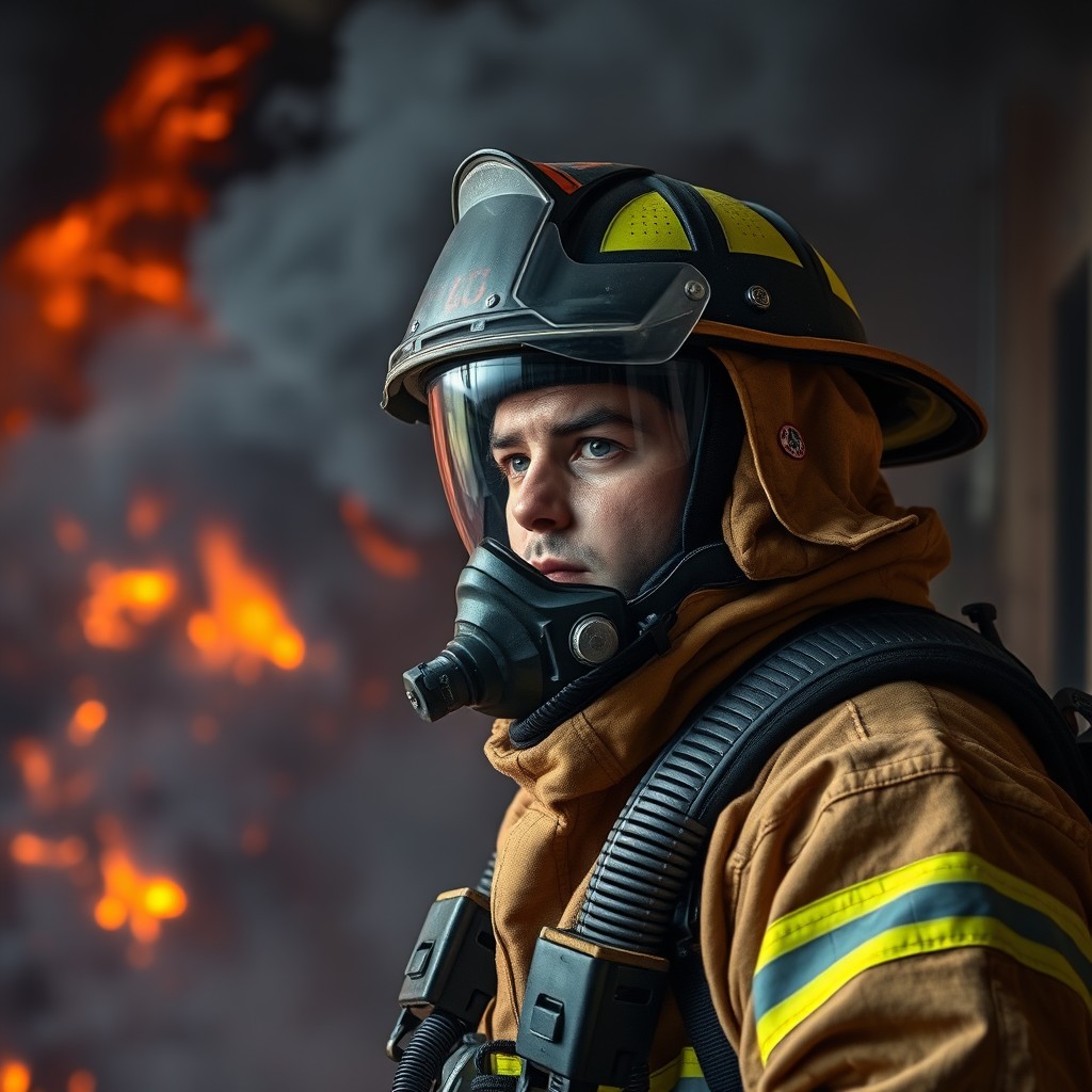 A focused firefighter wearing a Self-Contained Breathing Apparatus (SCBA), fully geared up in protective clothing including helmet and face shield