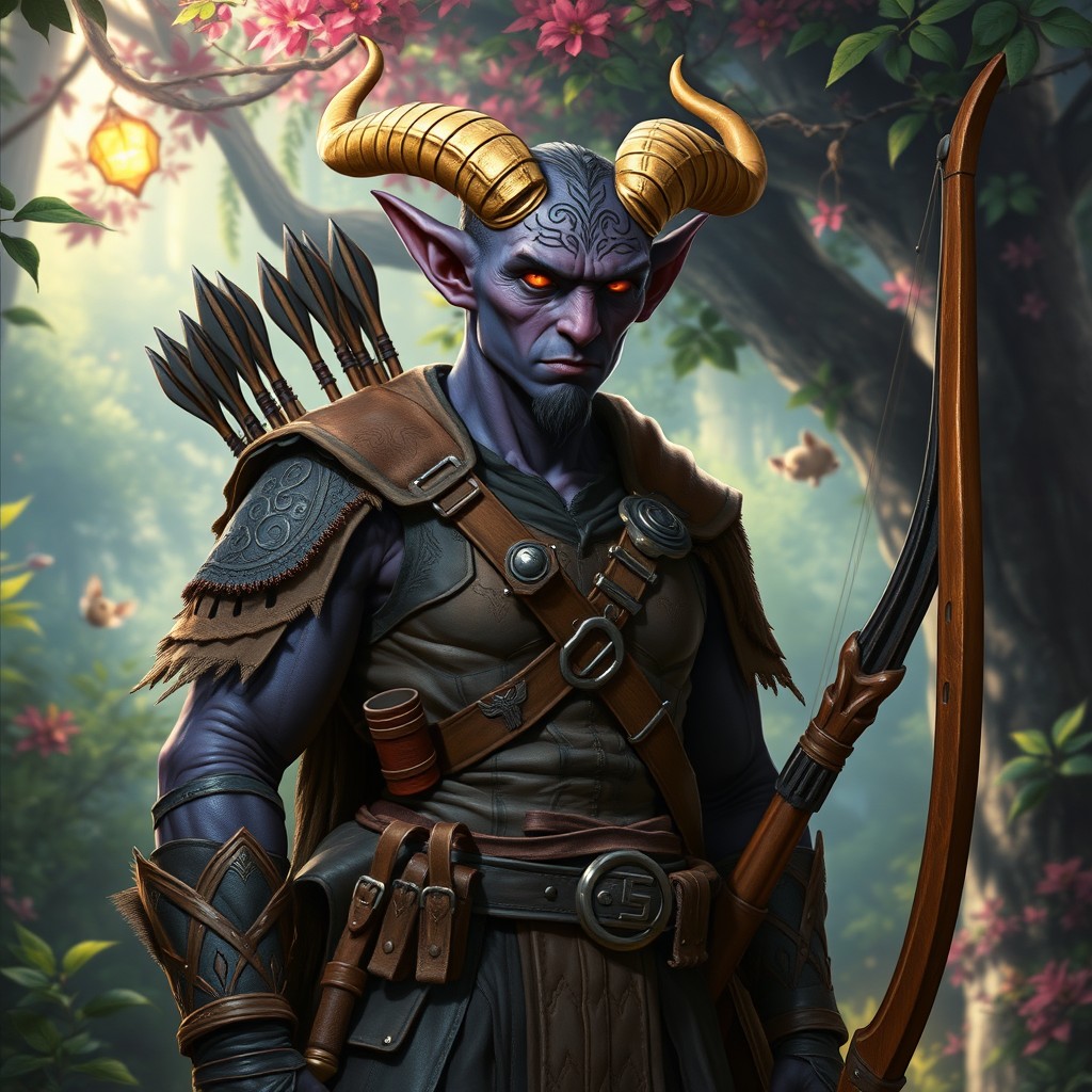 A striking Tiefling Ranger stands in an enchanted forest, surrounded by vibrant foliage and mythical creatures