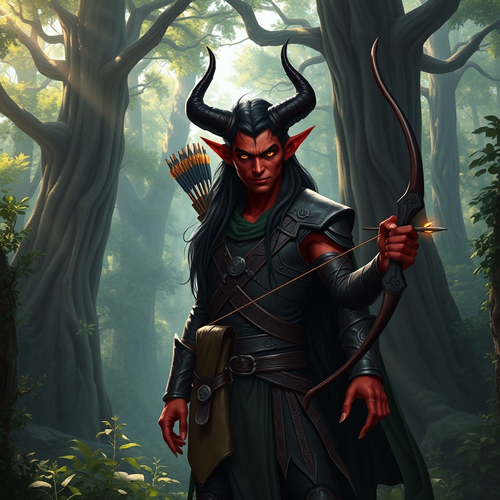 An infernal tiefling ranger standing confidently in a lush, enchanted forest