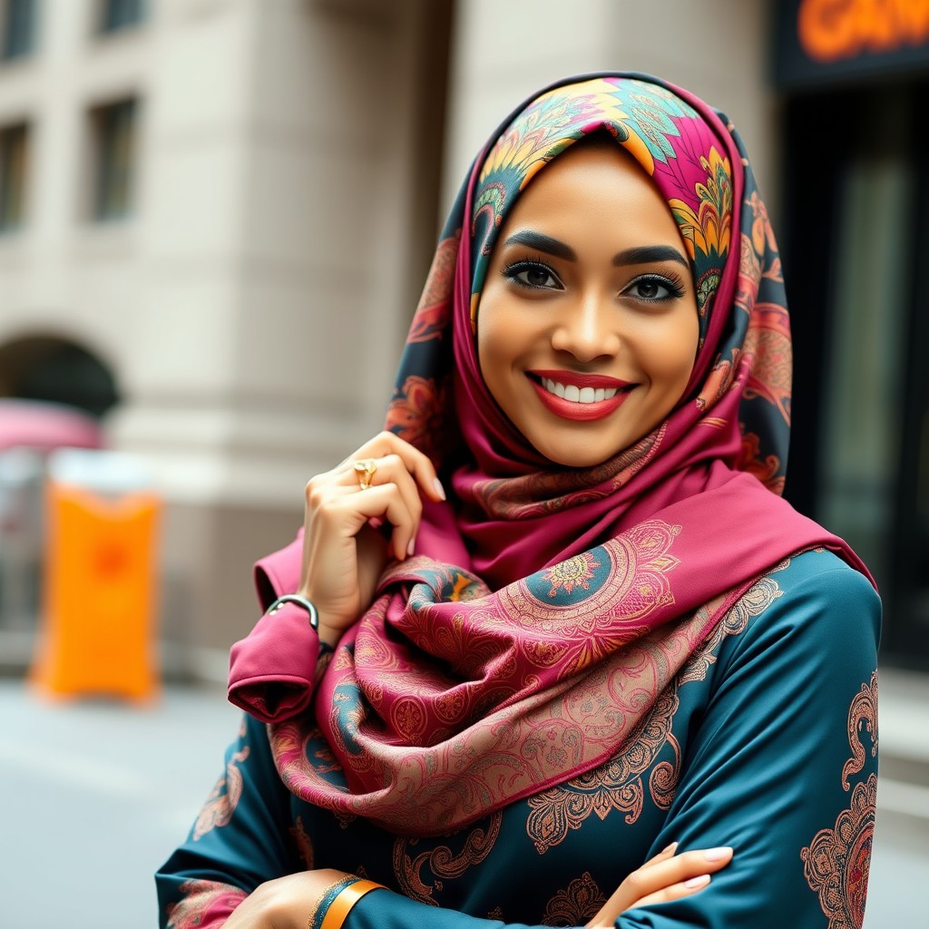 A fashionable woman wearing a stylish hijab, showcasing a vibrant and modern design