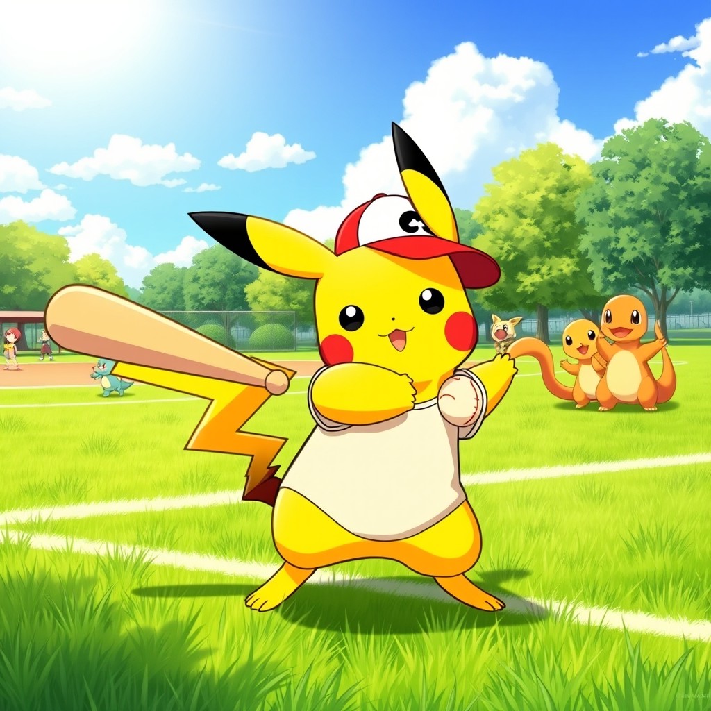 A cute, dynamic scene featuring Pikachu playing softball in a vibrant, sunny park