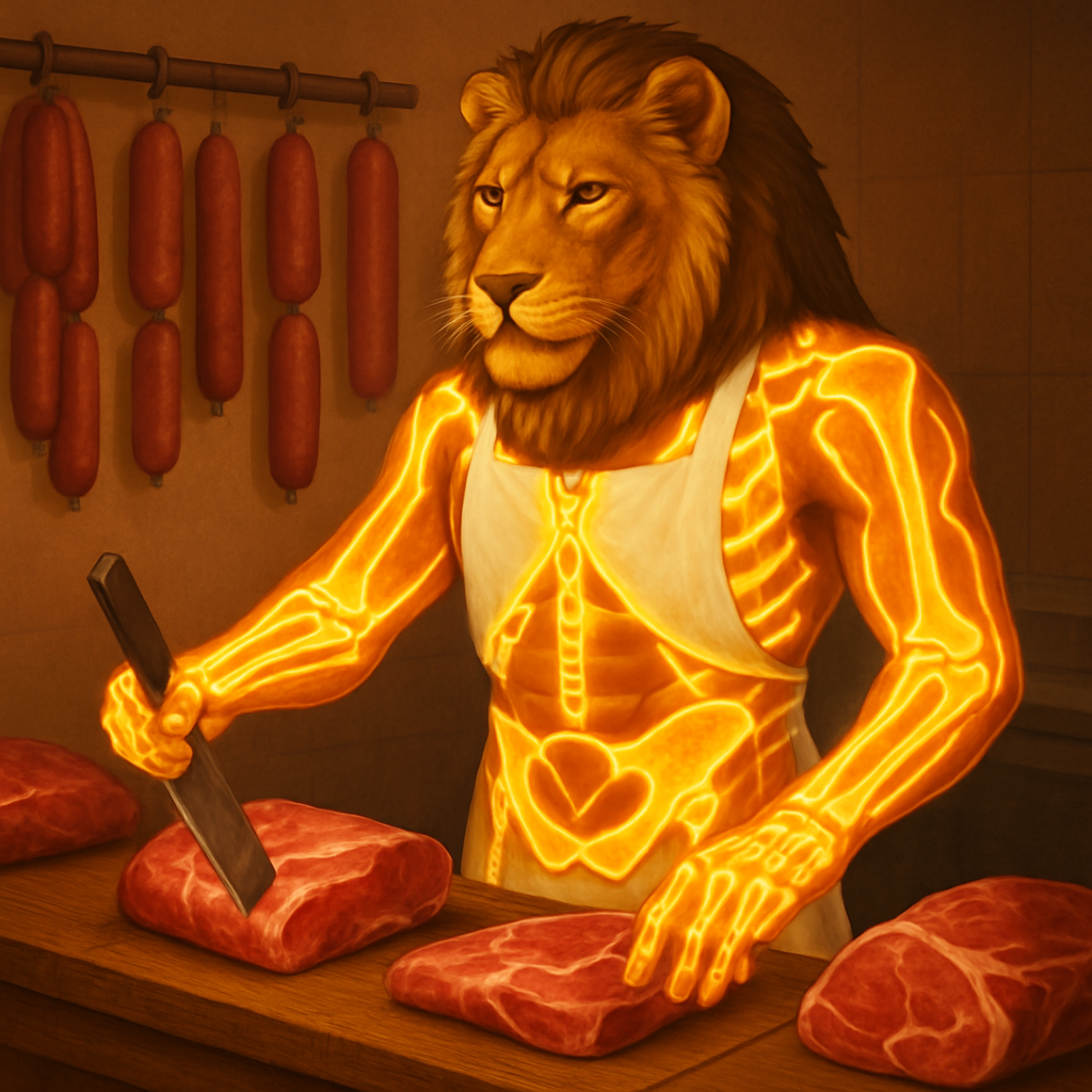 Erstelle mich beim Metzger betrieb am Arbeiten mit Fleisch Ich stehe verwende alle bilder MIT legs Ich bin nett golden Hgh energy fließt