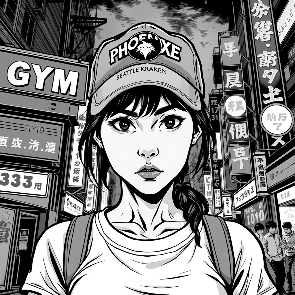 A black and white noir comic book style illustration set in Tokyo, depicting a 35-year-old Japanese woman standing in front of the PHOENIX GYM