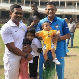 MS Dhoni, the Indian cricketer, is blessing a child named Harsh who is wearing an Indian cricket jersey number 7, showing the photograph on the back.