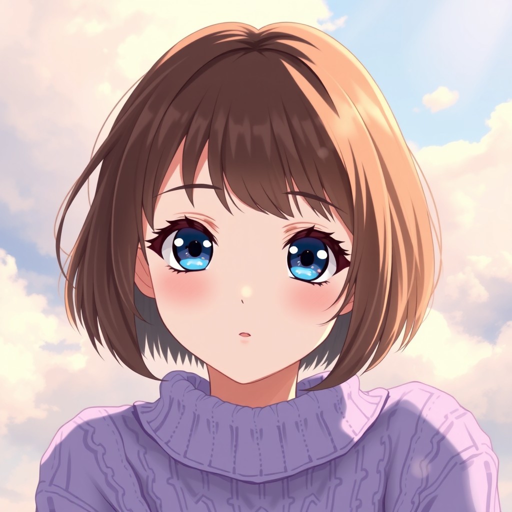 Anime girl with striking blue eyes, short, bright brown hair styled in a cute bob, and fair porcelain skin that glows softly