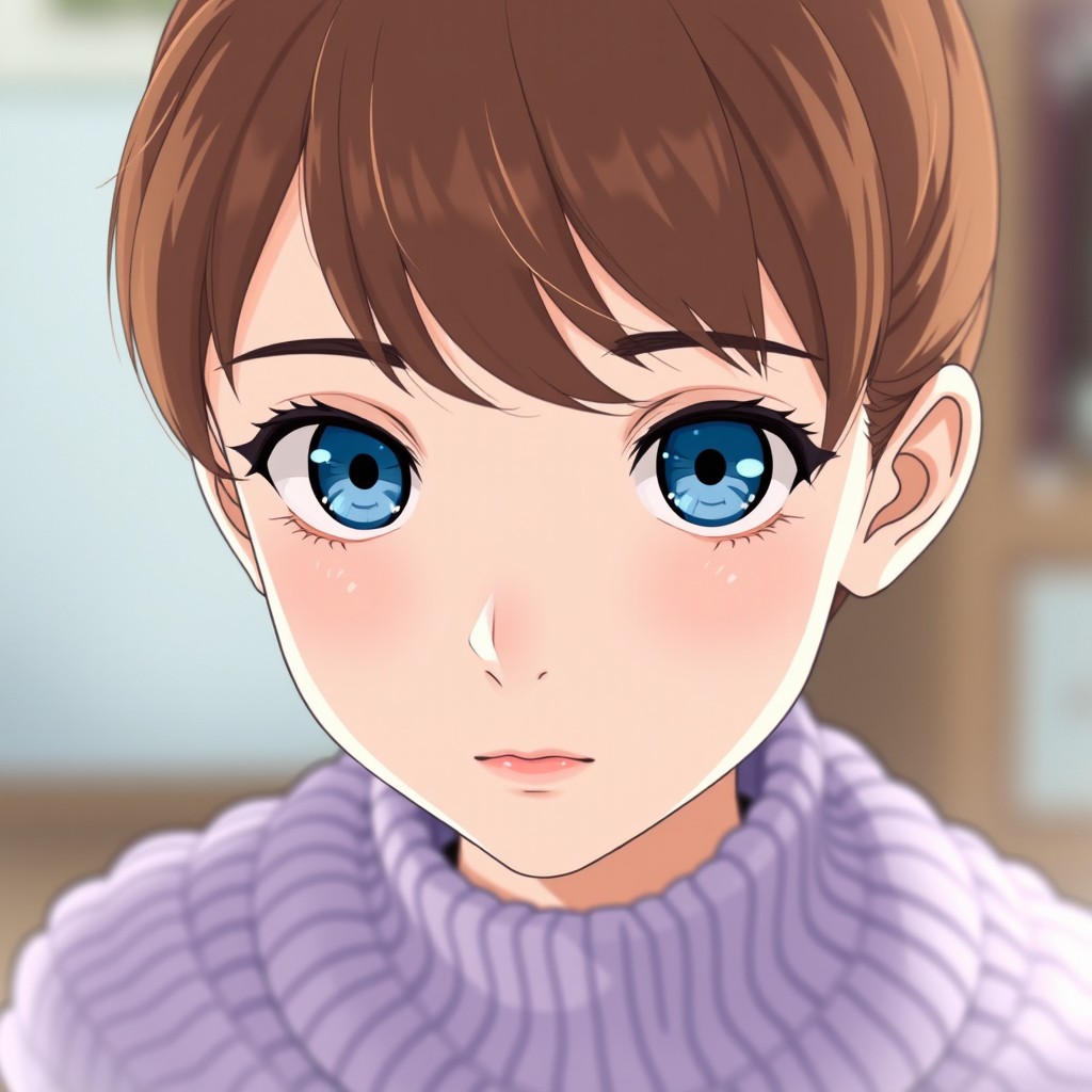 Anime girl with captivating blue eyes, short, bright brown hair styled neatly, and fair porcelain skin that gives her an ethereal quality