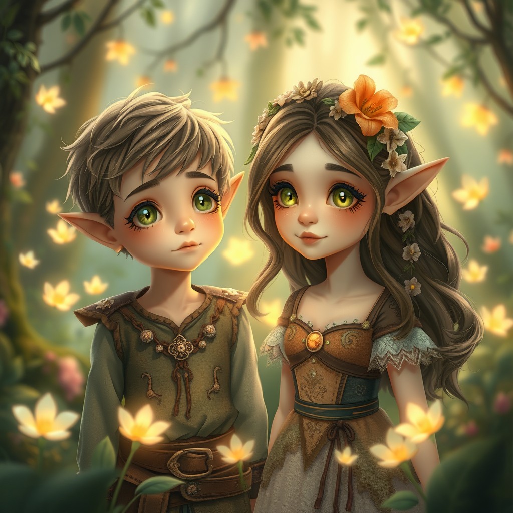 A whimsical and enchanting scene featuring a boy and a girl transformed into elves, with delicate pointed ears and intricate outfits inspired by nature, surrounded by an ethereal forest filled with glowing flora and sparkling lights