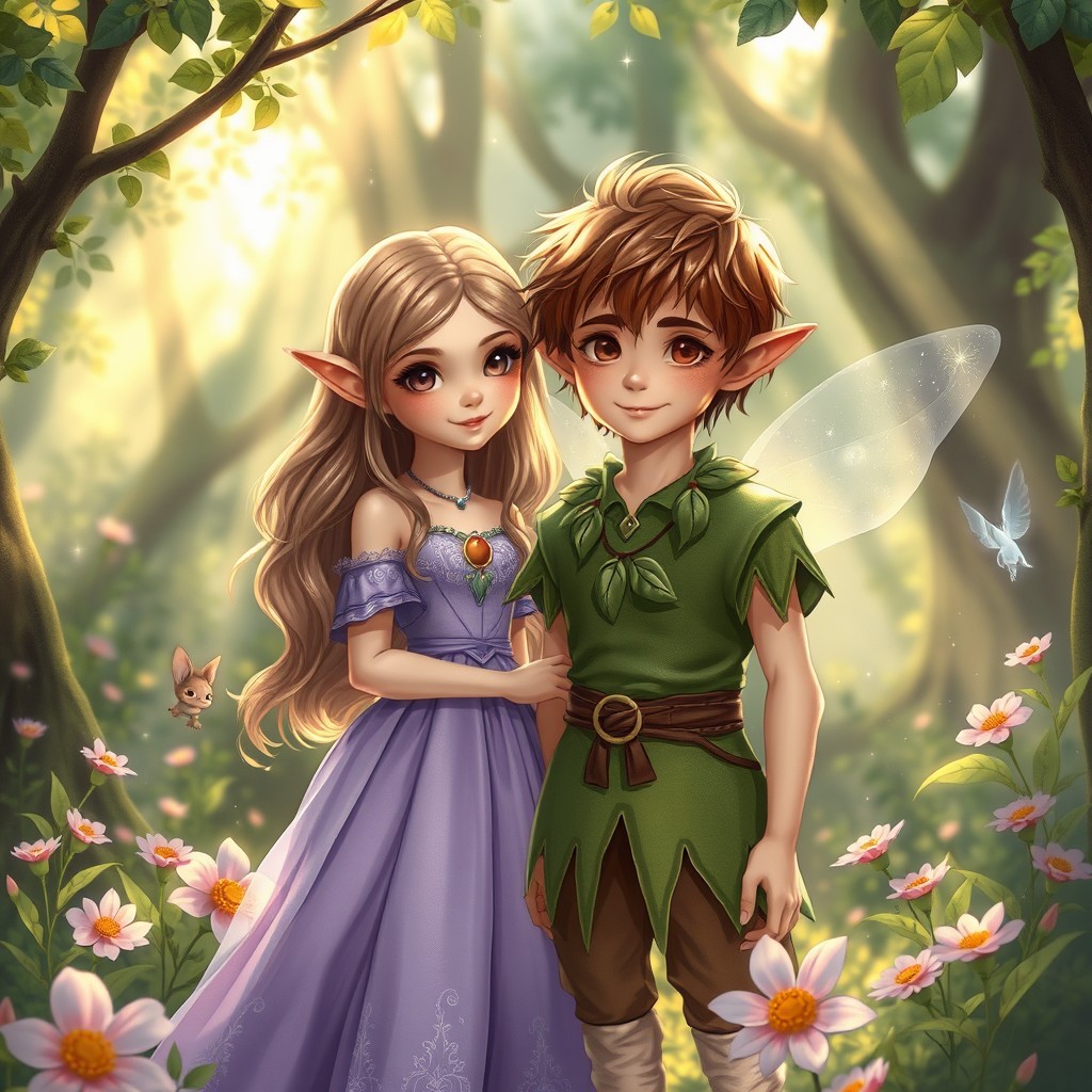 A fairy tale scene depicting a boy and a girl transformed into enchanting elves