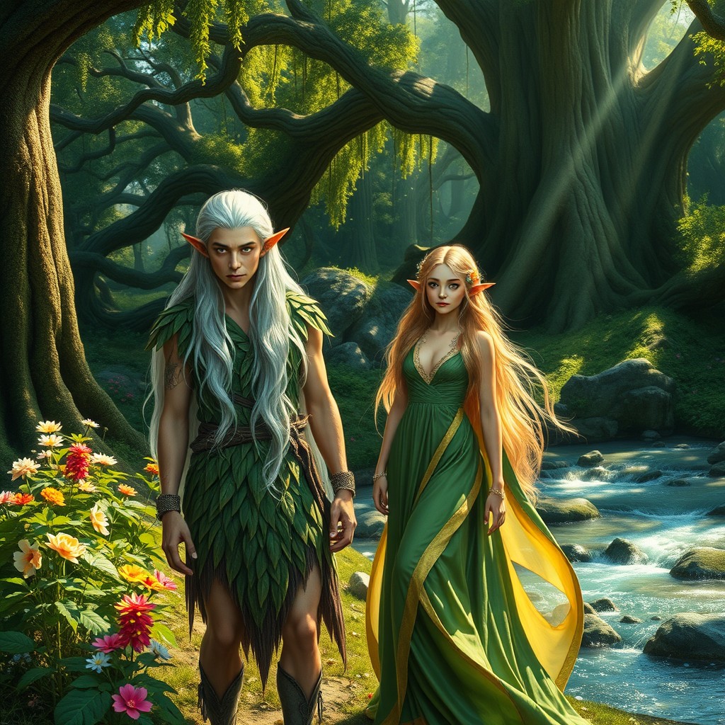 A beautiful elven setting in a lush, enchanted forest, featuring two humanoid figures transformed into elves - one male and one female