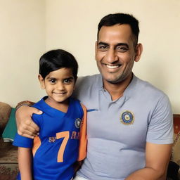 MS Dhoni, the Indian cricketer, is blessing a child named Harsh who is wearing an Indian cricket jersey number 7, showing the photograph on the back.