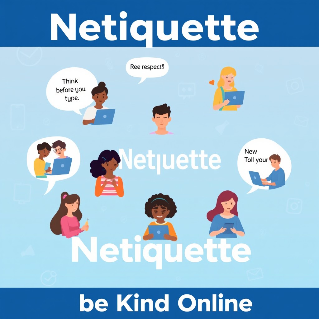 A visually engaging poster design that captures the essence of netiquette, displaying various facets such as compassionate online communication, respect for others, and adherence to online etiquette
