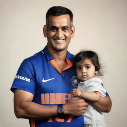 MS Dhoni, the Indian cricketer, is blessing a child named Harsh who is wearing an Indian cricket jersey number 7, showing the photograph on the back.