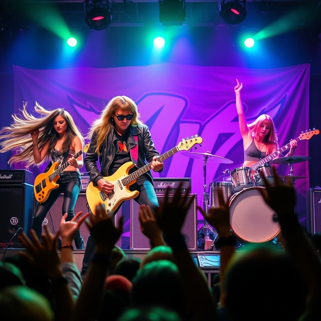 A dynamic 4-piece rock band featuring a charismatic female singer performing energetically on stage