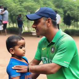 MS Dhoni, the Indian cricketer, is blessing a child named Harsh who is wearing an Indian cricket jersey number 7, showing the photograph on the back.