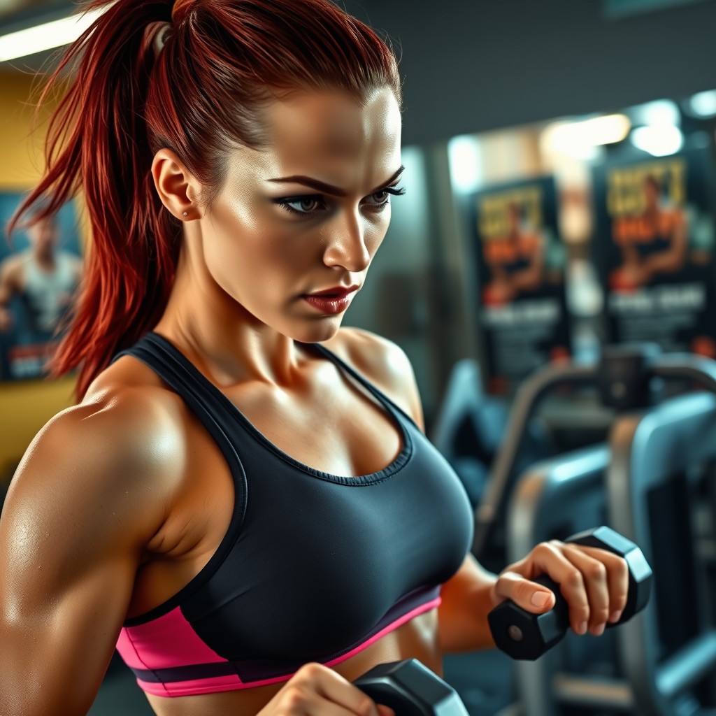 A strong and attractive dark redhead woman engaged in a workout session in a well-lit gym