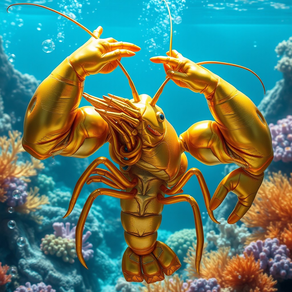 A giant, muscular golden shrimp, impressively detailed with a shiny exterior and exaggerated features, reflecting strength and power