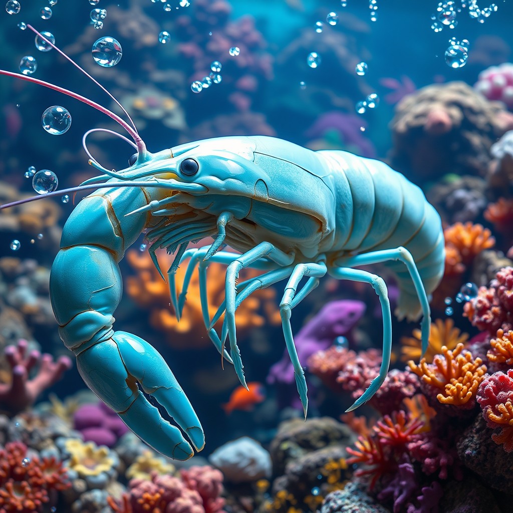 A giant, muscular light blue shrimp, exquisitely detailed with a glossy surface, showcasing an incredibly strong and smooth physique