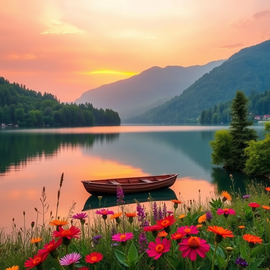 A serene landscape of a tranquil lake surrounded by lush green trees and mountains in the background, with a beautiful sunset casting a warm glow over the scene