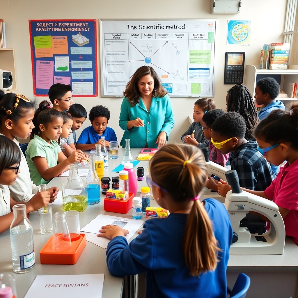 An engaging science subject enrichment activity setup in a bright classroom, featuring students of diverse ethnic backgrounds actively participating in various hands-on experiments