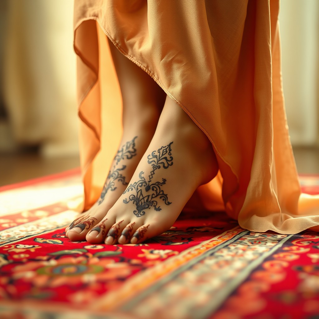A serene and artistic composition featuring a pair of feet elegantly adorned with intricate henna designs, gracefully posed on a vibrant Persian rug