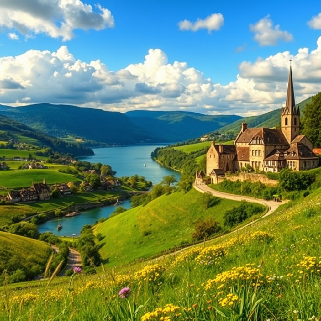 A stunning landscape of a European countryside, featuring rolling green hills dotted with wildflowers, a picturesque village with charming stone cottages, and a classic old church with a tall steeple