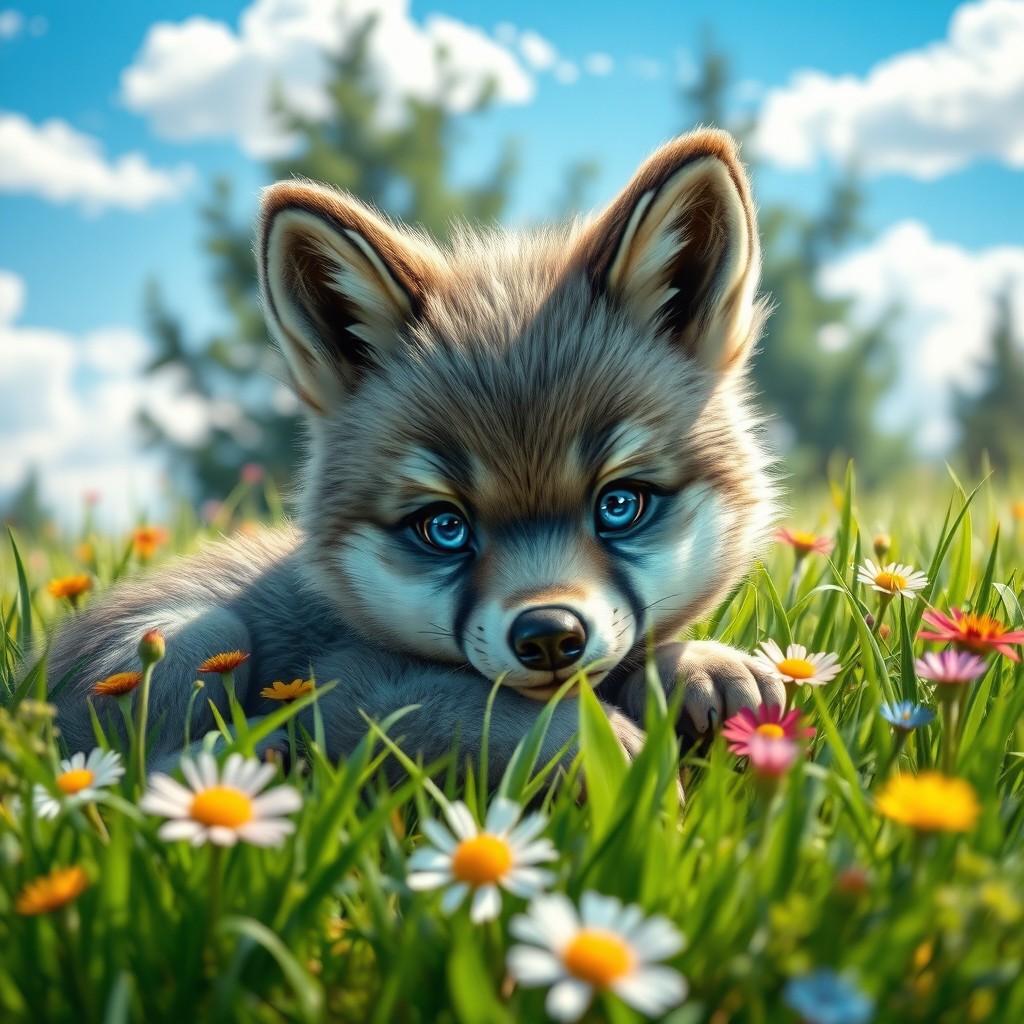 A cute baby wolf nestled in a bed of soft green grass, surrounded by colorful wildflowers