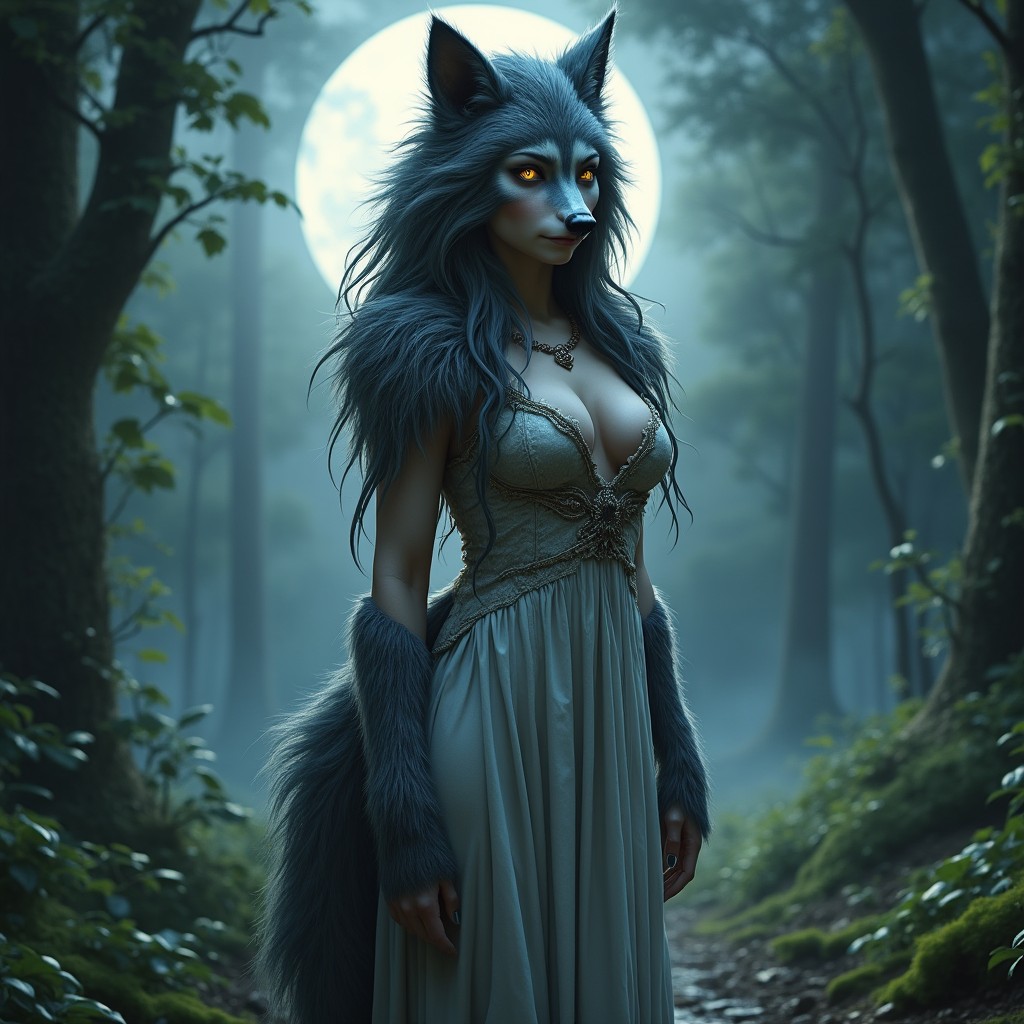 A beautiful plus-size female werewolf standing confidently in a mystical forest