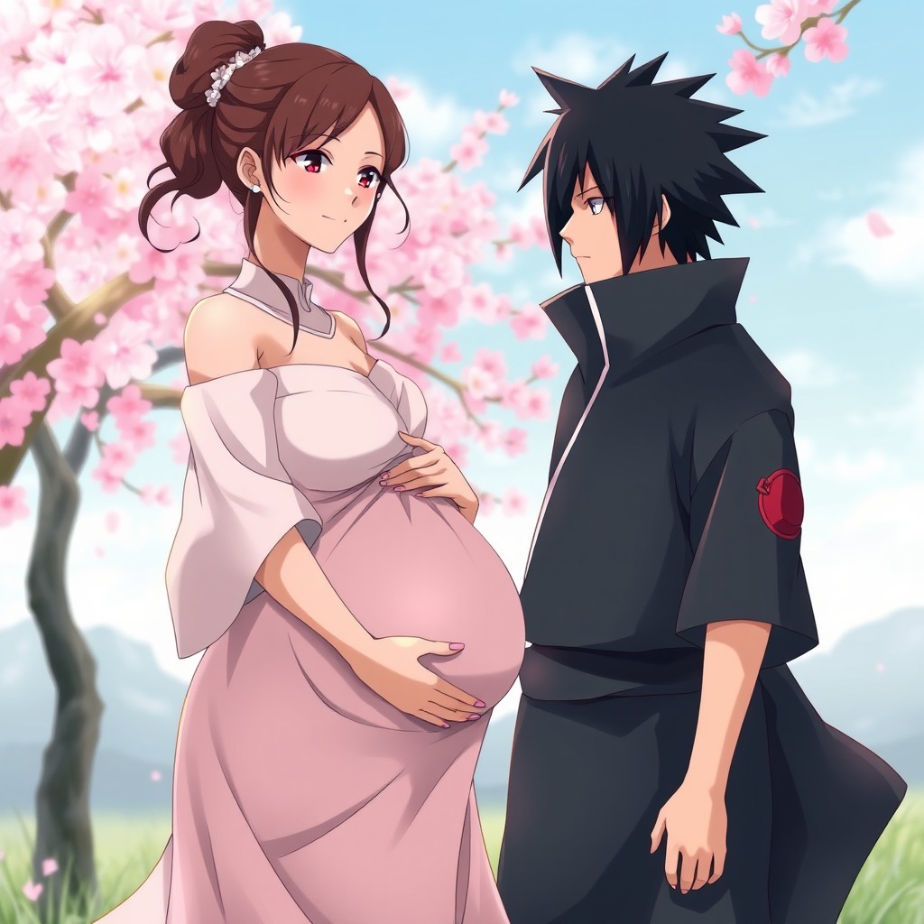 A beautiful romantic scene featuring a pregnant Sakura Haruno, showcasing her glowing beauty during pregnancy, with a gentle smile on her face